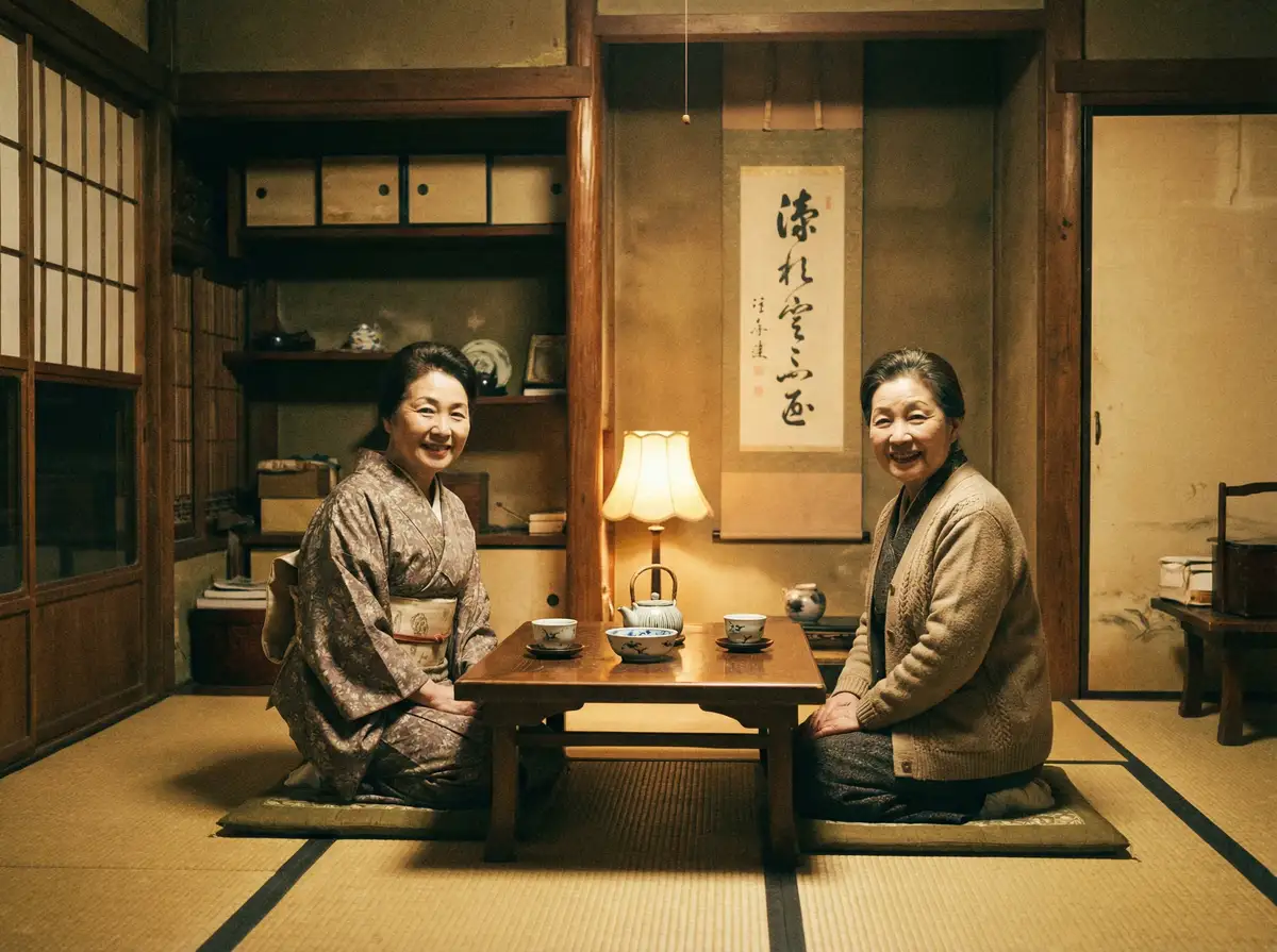 两位优雅的 【午夜剧场】午夜剧场影院官方平台 | 全网独家午夜剧场交流社区 在日式茶室中品茶交谈